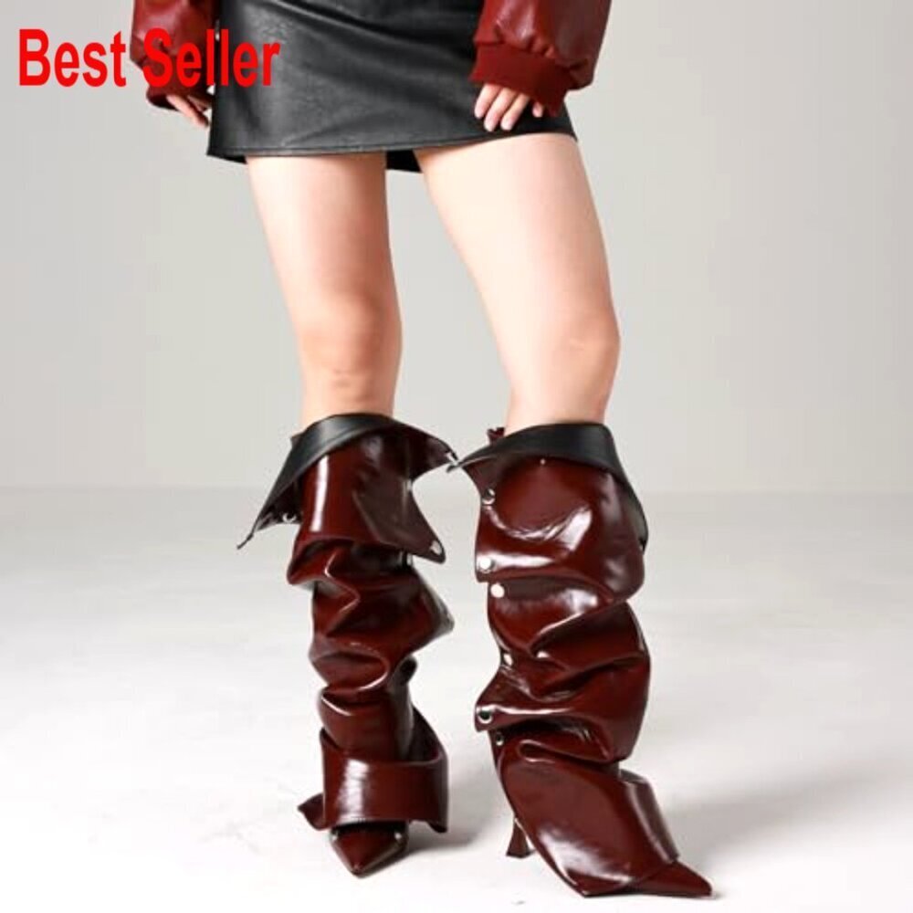 Suede Knee High Boots Stiletto Heel Pointed Toe Slouchy Wide Calf - Picture 3 of 6